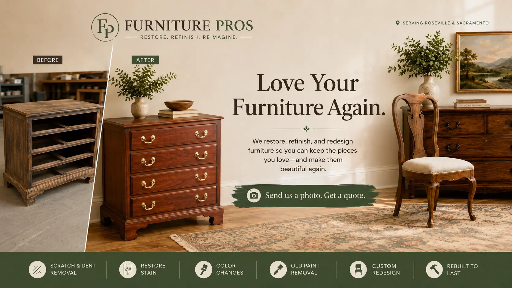 Furniture Pros before and after: a worn chest of drawers restored and refinished for a home in Roseville, California