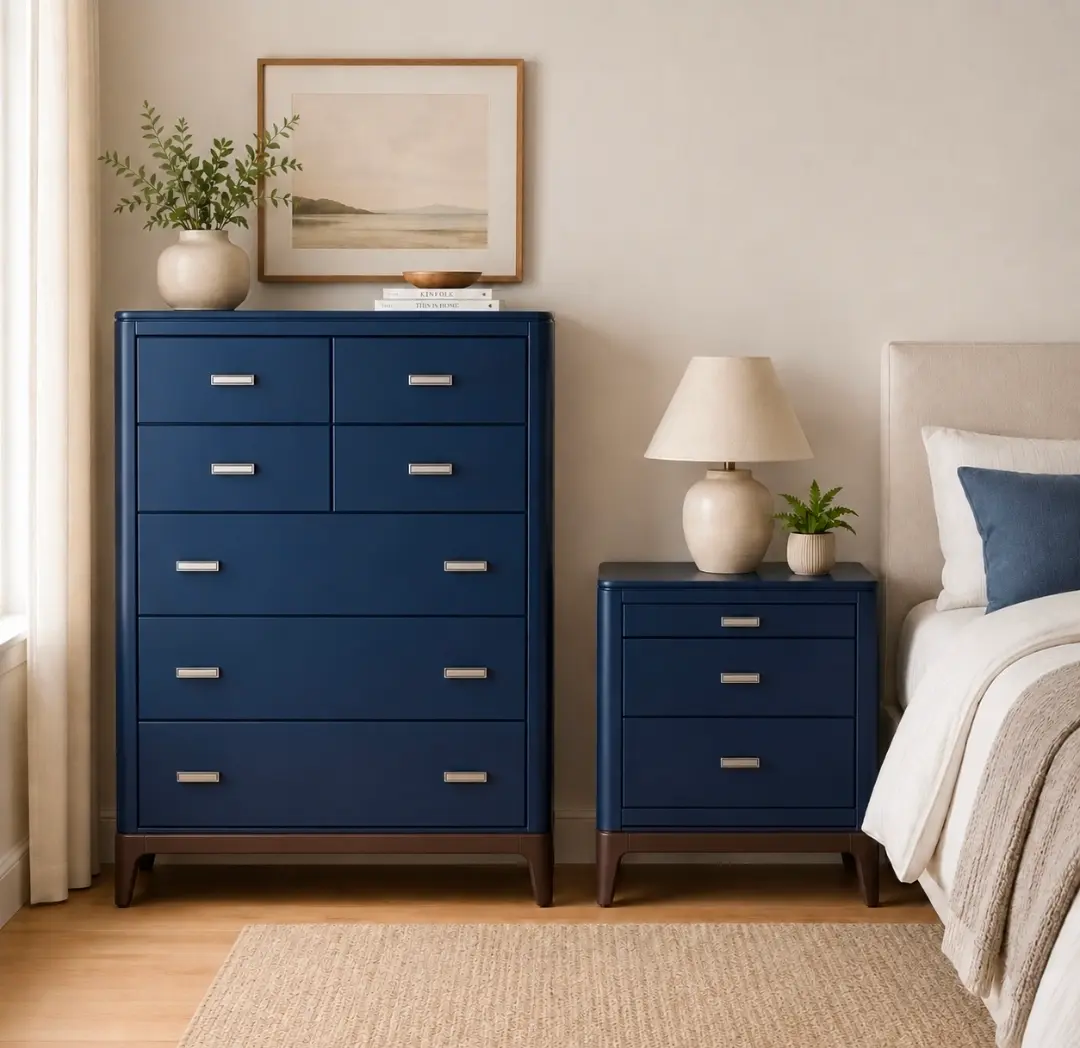 The same bedroom tallboy and nightstand redesigned in deep navy with new hardware and a contrasting base